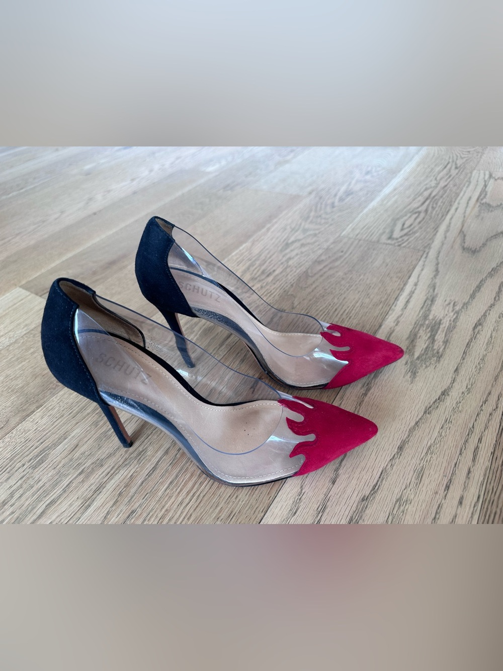SCHUTZ Black and Red Suede Flame-Point Pumps